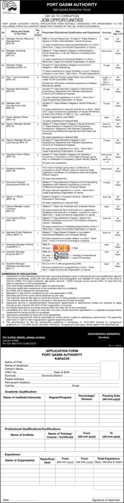 Latest Jobs Port Qasim Authority Karachi